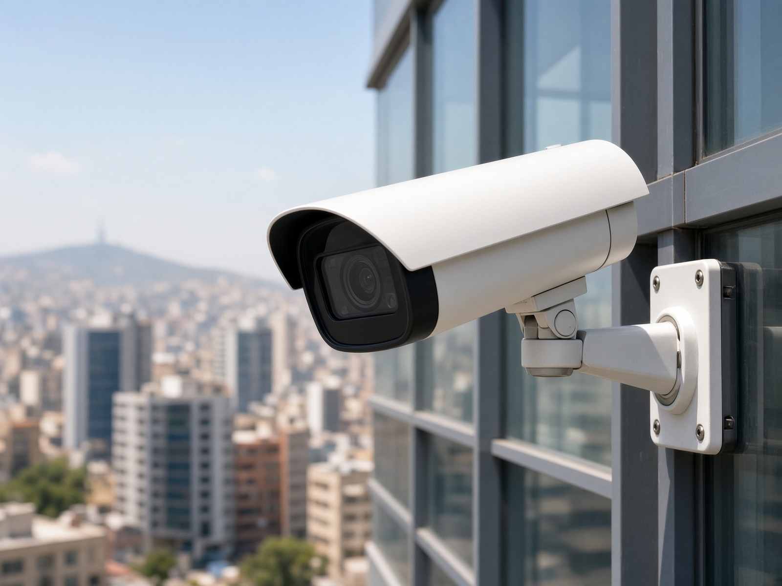 Cámara IP en fachada de edificio corporativo